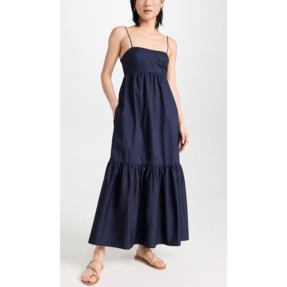 XIRENA Freya Dress Navy Blue Cotton Smocked Maxi Ruffle Hem Tuckernuck - Picture 1 of 14